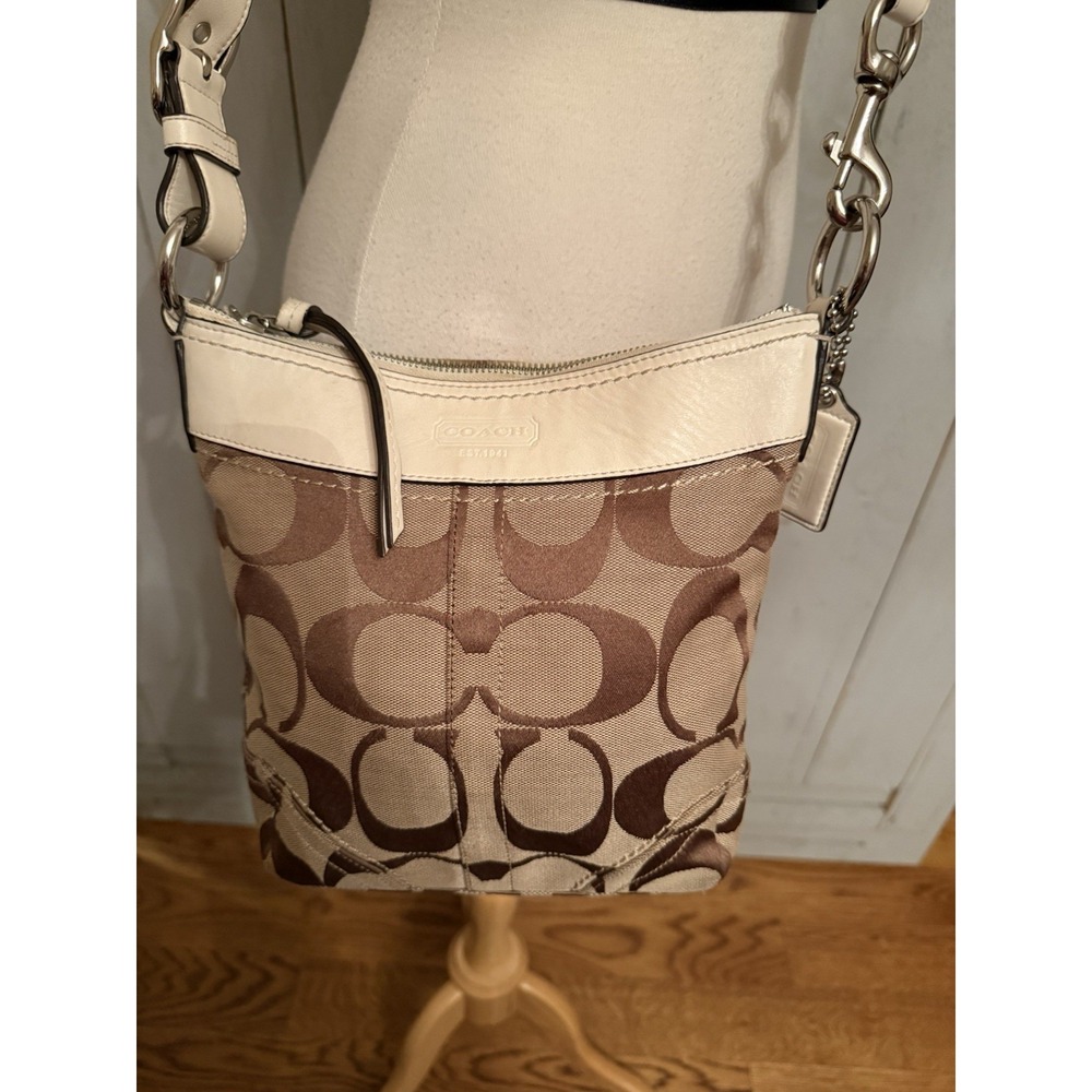 COACH Signature Beige Jacquard White Leather Crossbody Shoulder Bag 10402M